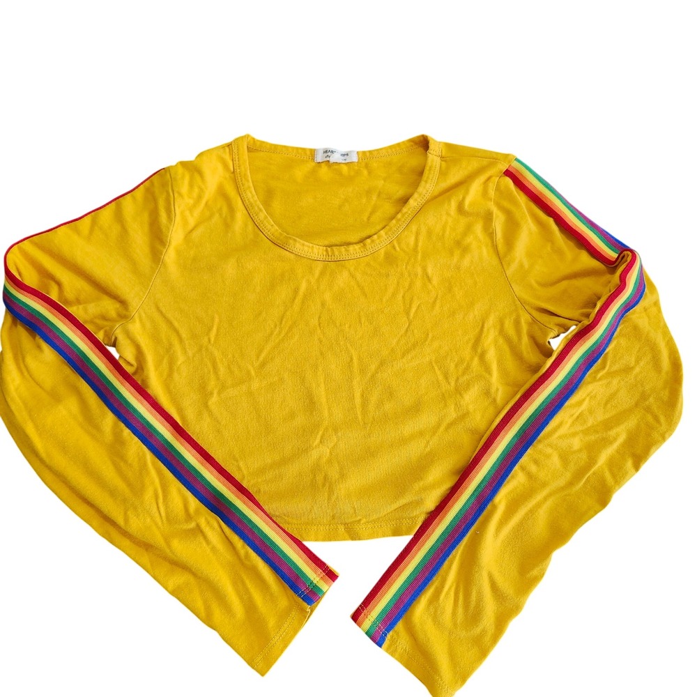 Heart & Hips Crop Top Women Medium Yellow Rainbow Stripe Long Sleeve Lightweight